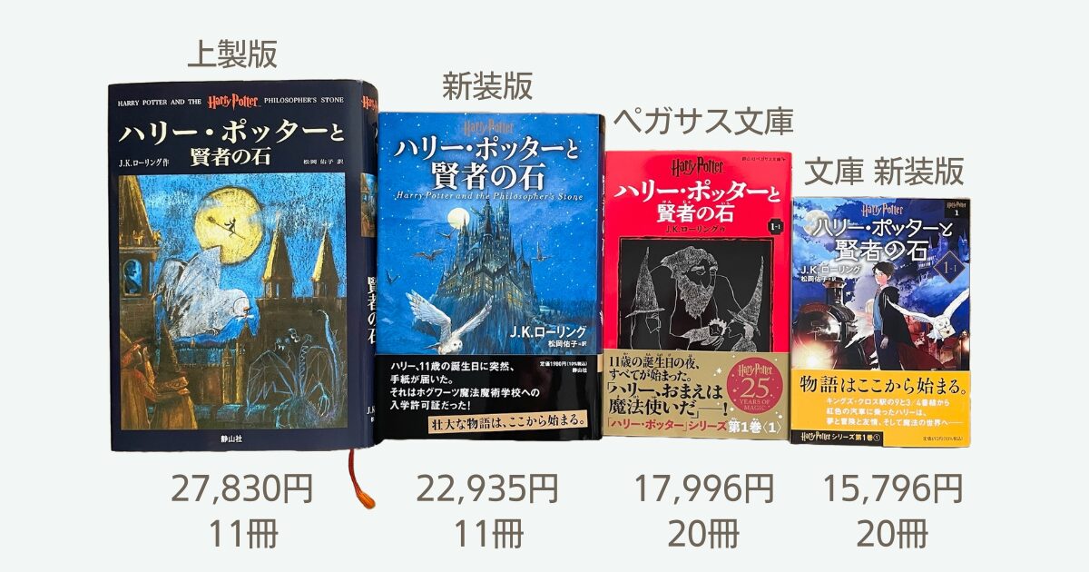 ハリーポッター原作本の種類を表す写真(上製版、新装版、ペガサス文庫、文庫新装版)